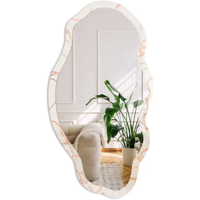 Coloray Marmerpatroon Spiegel - Beige Strakke Rechthoekige Spiegel - Organische Spiegel - Woonkamer - Abstract - 45x90 cm - Totale afmeting 52x97 cm Marmerpatroon, Beige