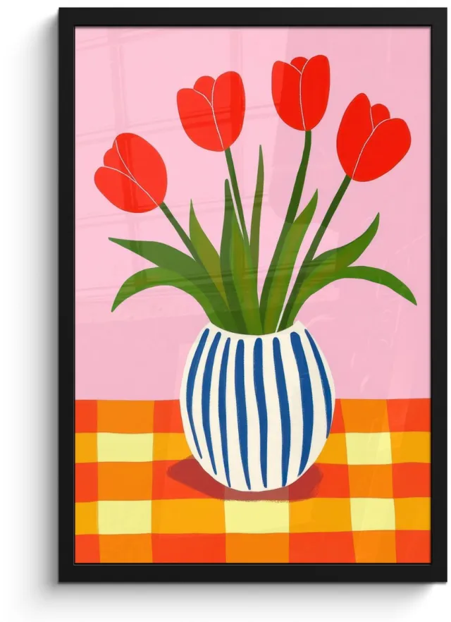 FrameYourWall Poster in lijst - Fotolijst 40x60 cm - Posters - Tulpen - Roze - Vaas - Posterlijst zwart - Decoratie - Wanddecoratie woonkamer - Muurdecoratie slaapkamer