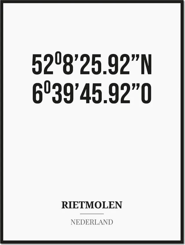Studio216 Poster/kaart RIETMOLEN met coördinaten zwart, wit