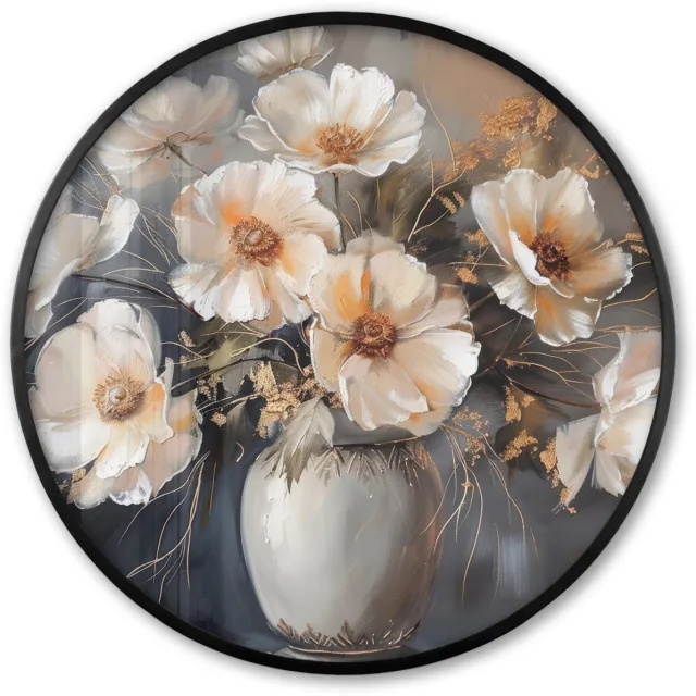 FrameYourWall Poster in lijst Rond - Fotolijst 80x80 cm - Posters - Bloemen - Wit - Vaas - Modern - Ronde posterlijst zwart - Decoratie - Wanddecoratie woonkamer - Muurdecoratie slaapkamer Bloemen - Vaas