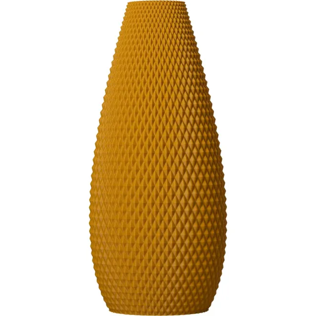 Slimprint Vaas FLUX, Okergeel, L15,8 x B12 x H35 cm, Halfronde Tafelvaas met Geometrisch Reliëf voor Droogbloemen, Gerecycled Biokunststof
