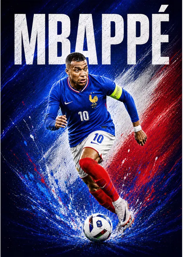Kleurmedia Kylian Mbappé Poster - 43 x 61 cm - WK Collection - Bekende Voetballer - Geschikt om in te lijsten - Voetbal Posters Rood