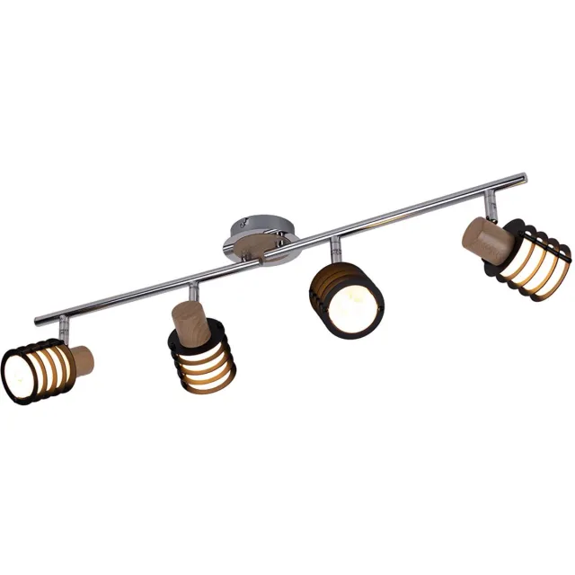 Globo Plafondspot zwenkbaar plafondlamp chroom retro glas, 4 vlammen houtaccenten, 4x E14, L 70 cm zilver