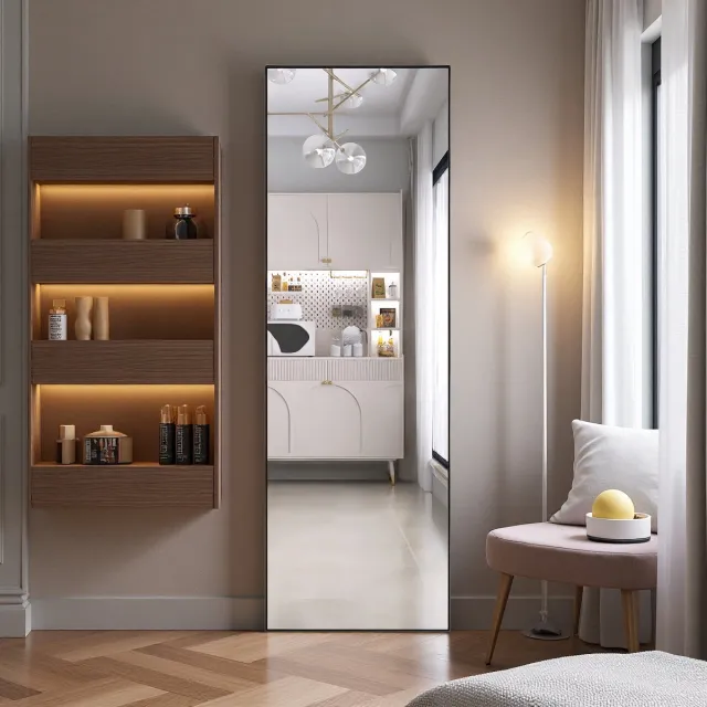 SHOPENTRA Staande make-upspiegel 165×60 cm met gehard glas en zwart aluminium frame, moderne vloerspiegel voor slaapkamer of dressingroom