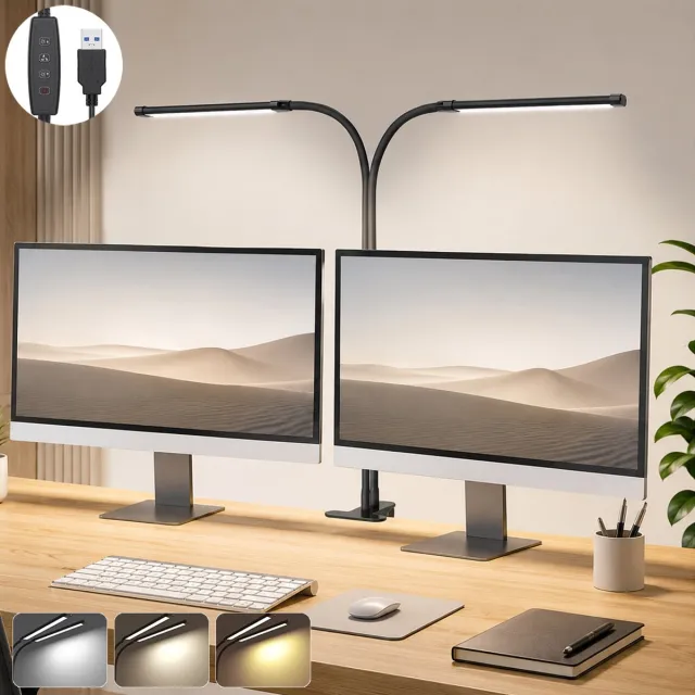 Rosnek LED Bureaulamp met Klem - Dubbele Leeslamp 70 cm Zwart - Dimbaar met 3 Lichtkleuren - Flexibele USB Klemlamp voor Groot Bureau - Monitorlamp voor Thuiswerk - Hobbylamp met Zwanenhals