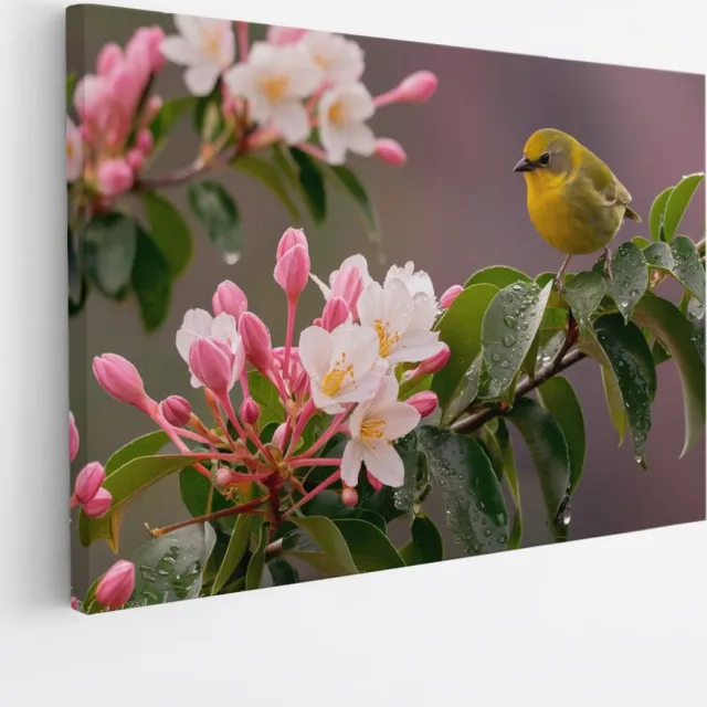 Saammp Canvas Schilderij - Vogel met Bloesem - Dieren - Natuur - 120x80 - Foto op canvas - Wanddecoratie - Muurdecoratie Woonkamer - Kantoor Decoratie Multicolor