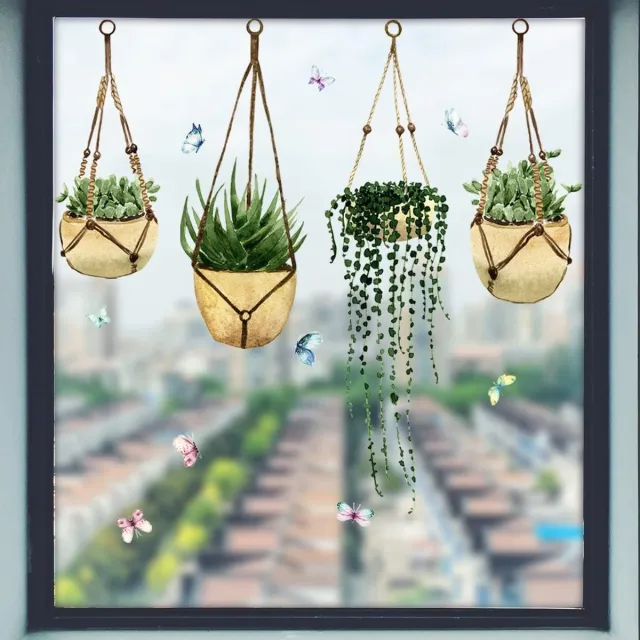 Cyslmuk Succulent Raamstickers Muurstickers, PVC Dubbelzijdige Hangende Groene Plant Vlinder Anti Botsing Verwijderbare Raamstickers, Raamstickers voor Thuis Feest Winkel Display 23x54cm Succulent Raamstickers
