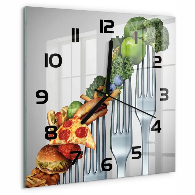 TULUP Wandklok - Vooruitgang in de voeding Wandklok Glas Met Motief - 30x30 cm - Veelkleurig Decoratieve Glazen Klok - Zwarte handen - Vierkante Klok - Gekleurde Glazen Klok - Glazen Klok Met Print