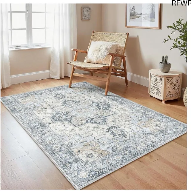 RFWR Vintage Machinewasbare Tapijt voor Woonkamer en Slaapkamer, Antislip Vloerkleed in Blauw - 120x170 cm