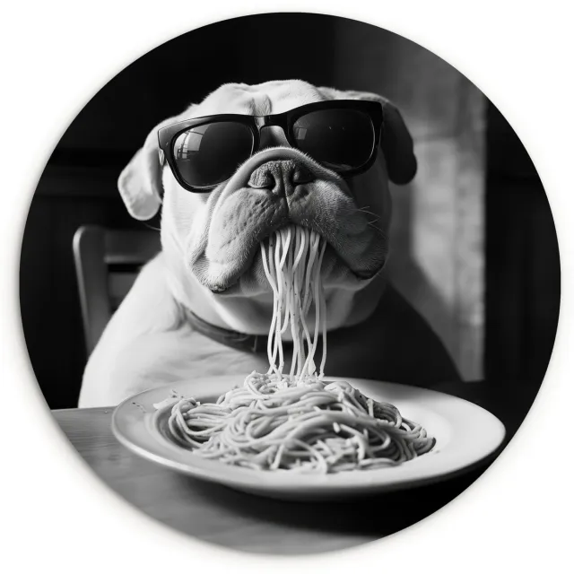 WallCircle Wandcirkel 150x150 cm - Muurcirkel Hond - Bulldog - Pasta - Bril - Stoer - Dieren - Muurdecoratie woonkamer - Wanddecoratie slaapkamer - Kamer decoratie accessoires - Ronde schilderijen