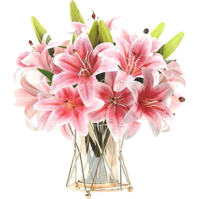 Famanu Set van 6 bundels kunstbloemen met lelies, 3D-kunstlelie in roze, totaal 12 bloemkoppen en 6 knoppen voor doe-het-zelf boeket, bruiloft en decoratie