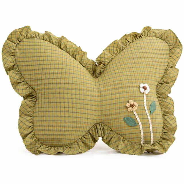 SWGOTA Groen vlindervormig sierkussen 60 x 45 x 10 cm - Afneembare, wasbare katoenen hoes - Ruitpatroon, ruches en bloemapplicaties