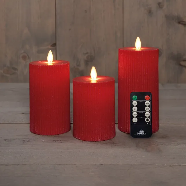 Annas Collection Anna's Collection LED kaars flame effect ribbel set 7.5 cm rood 3 stuks