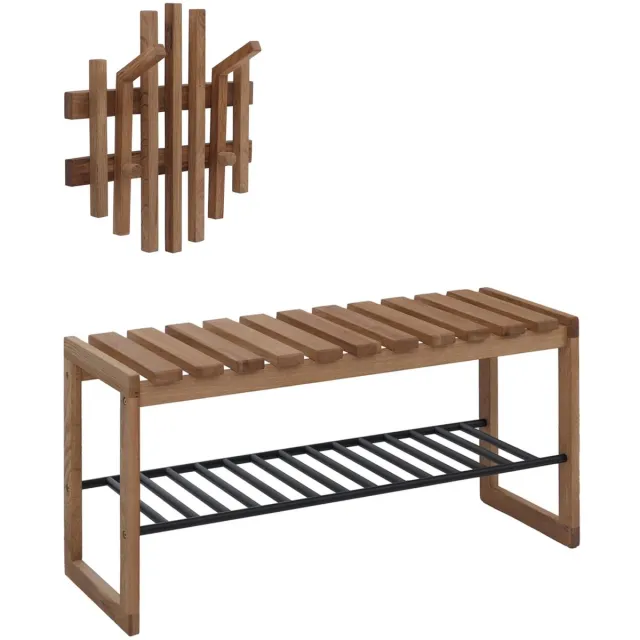 MCW MCA garderobeset MCW-P57, garderobepaneel met bankje en schoenenrek, massief eikenhout bruin