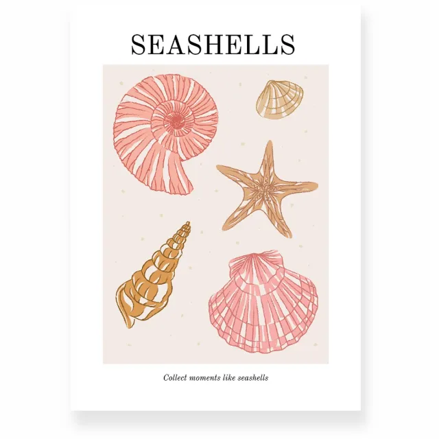 Yisual Poster 30x40 cm - Seashells - Strand - Roze - Bruin - Minimalistisch - Boho - Muurdecoratie - Wanddecoratie