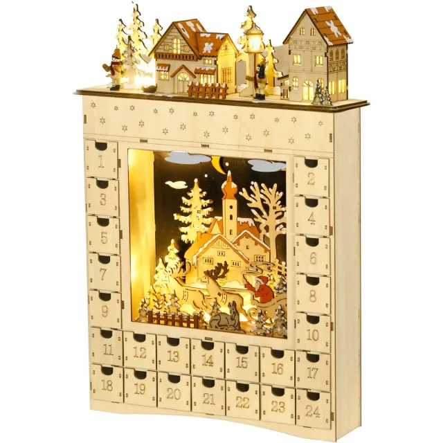 sogiol Houten LED Adventskalender Sneeuwdorp 24 Lades met erlichte kerstdecoratie Kerst 36x9x52 cm