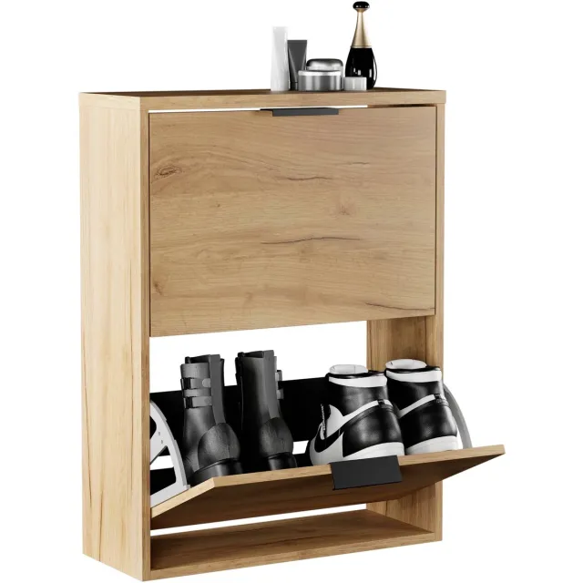 Planetmöbel STIVIO - Schoenenkast 60 cm - Goud eiken - Met 2 kleppen - Slechts 23 cm diep