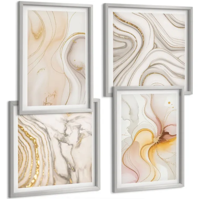 Coloray 4-Delige Schilderij Set - Abstracte Warme Patronen, Elegante Motieven - 40 x 40 cm En 40 x 60 cm - Decoratieve Muurdecoratie - Slaapkamer - Interieur Decoratie Zilveren lijst
