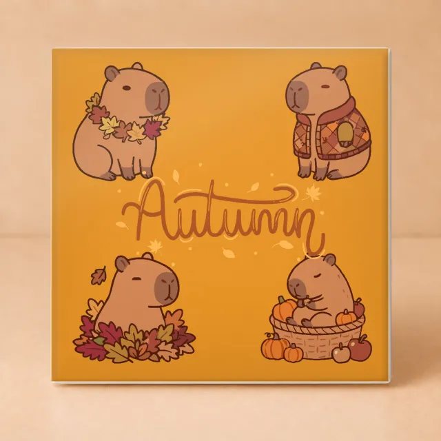 Bedruk King Warme Autumn Tegel – Decoratieve Herfsttegel met Kawaii Dieren Illustratie voor Sfeervolle Woondecoratie - 11 x 11 cm Wit