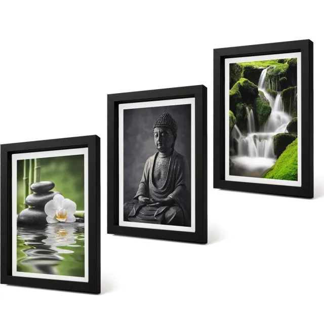 Coloray 4-Delige Schilderij Set - Rustgevende zen-afbeeldingen met water, stenen en Boeddha - 20 x 30 cm - Decoratieve Schilderijen - Wanddecoratie - Hal - Stijlvolle Muurdecoratie Zwarte lijst