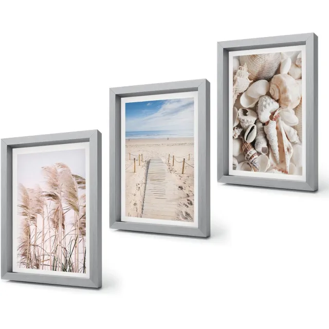 Coloray 4-Delige Schilderij Set - Zandstrand met schelpen en zeegras - 20 x 30 cm - Wanddecoratie - Schilderijen Set - Interieur - Stijlvolle Muurdecoratie Zilveren lijst