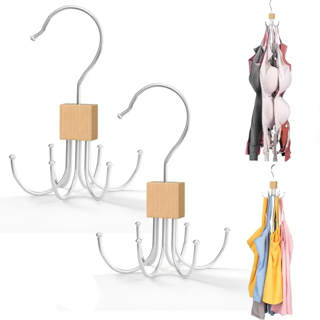QTTVBTNA Multifunctionele 6-Haak Kapstok - 360° Draaiend - Voor Kleding, Sjaals, Riem, Stropdas - Houtkleur - 14x10.5cm - Set van 2