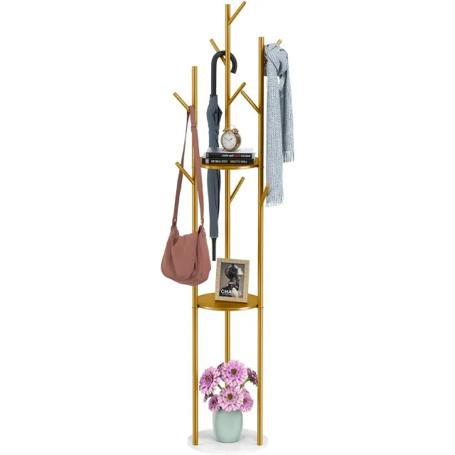 Unho Metalen Kapstok - Zware kapstok - Halboom - 68" Vrijstaande Kapstok - met Marmeren Voet - Kledingstandaard met 3 Planken 9 Haken - Kapstok voor Hoeden Tassen Kleding in Entree Hal Slaapkamer Kantoor Goud + Wit