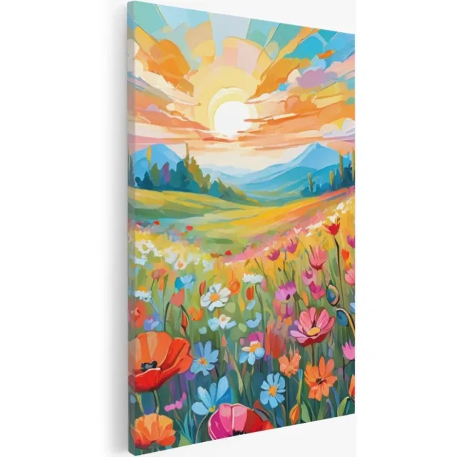 Saammp Canvas Schilderij - Bloemenveld met zonsondergang - Natuur - Landschap - 40x50 - Foto op canvas - Wanddecoratie - Muurdecoratie Woonkamer - Slaapkamer decoratie - Canvas Print Multicolor
