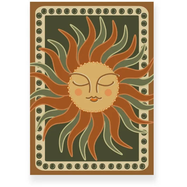 Yisual Poster 30x40 cm - Zon met gezicht - Groen - Bruin - Boho - Spiritueel - Muurdecoratie - Wanddecoratie