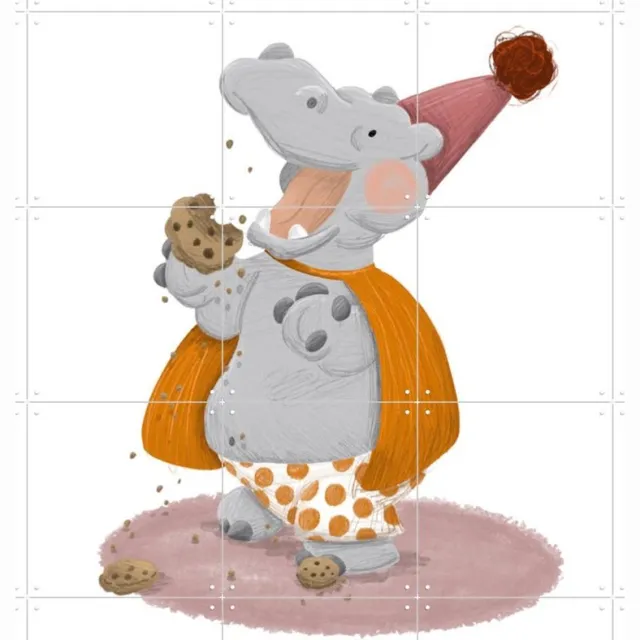 IXXI Cookies Hippo, Studio Phie - 100 x 100 cm - Grote wanddecoratie en posters - Illustraties, Cartoonesk, Digitale Kunst, Speels, Kleurrijk Grijs