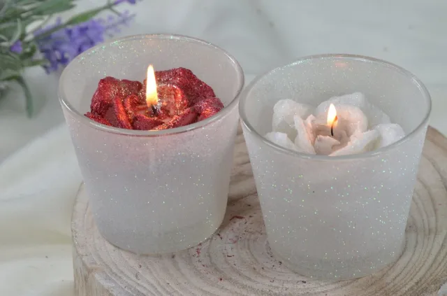 MilaNNE Candles by Milanne, Set van 2 stuks grote verschillende handgemaakte ROOS KAARSEN in glazen bak, H: 9 cm - BEKIJK VIDEO Rood