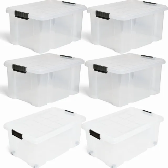 Novatool Novaliv 6-delige set opbergdozen met deksel, transparant, 2x45 L + 4x15 L, nestbaar, stapelbaar, clipsluiting, roldozen, BPA-vrij