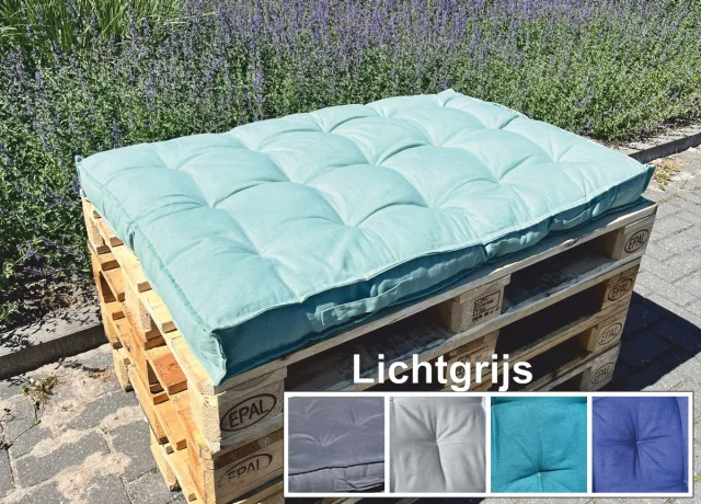 PH design Palletkussen 80x120x10cm met 2 handgrepen licht grijs, doorgestikt , 100% katoen Lichtgrijs