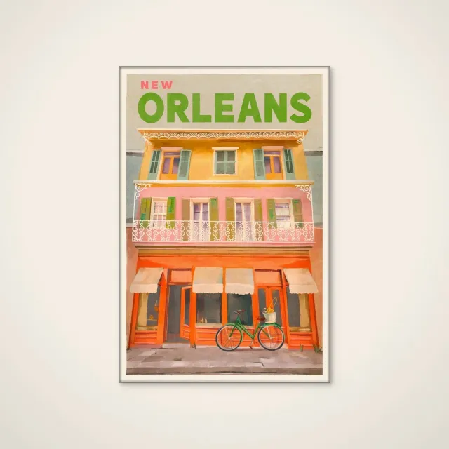 HelloWalls Akoestisch schilderij - 60 x 90 cm - New Orleans Louisiana Vintage Travel Poster van The Whiskey Ginger - Abstracte wanddecoratie - zilver textielframe Meerkleurig