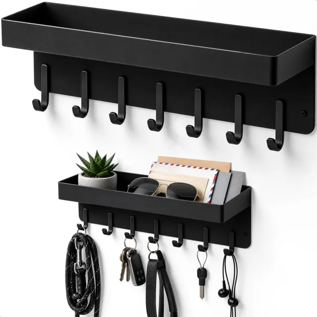 Luft Sleutel houder met Plank - 6 haken - Sleutel - Kapstok - Bakje - Rekje - Organizer - Kastje - Hangend - Kapstokken - Kleer - Kleding - Hangers - Vintage - Muur - Industrieel - Hout - Garde robe - Zwart - Luft