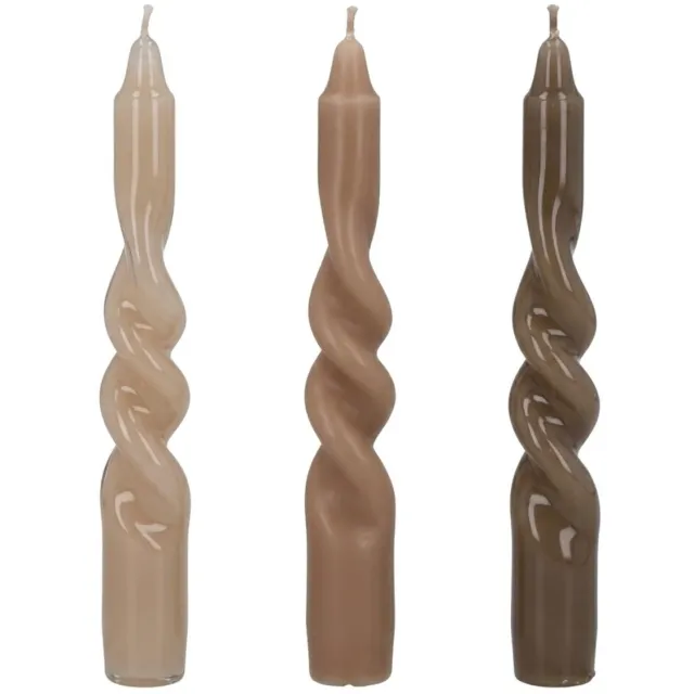 arti casa Twisted Dinerkaars Beige - Set van 3 Gedraaide Kaarsen - Glanzende Afwerking - Lange Brandduur - 26 cm Hoog - Sfeervolle Tafeldecoratie - Ongeparfumeerd Lichtbruin