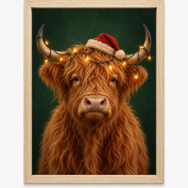 Joshimo Schotse Hooglander Kerstposter | Kerstmuts en Lampjes | Inclusief Lichtbruine A4 Lijst