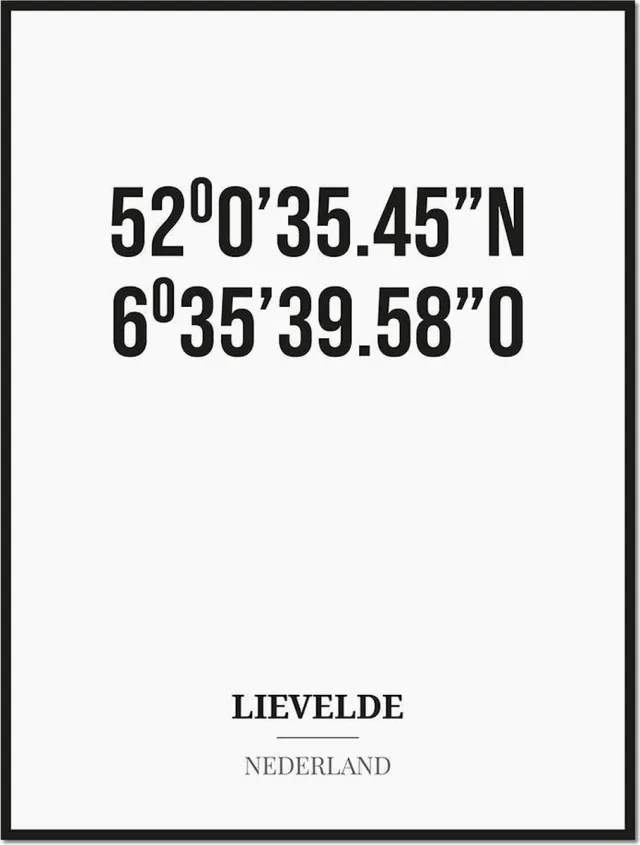 Studio216 Poster/kaart LIEVELDE met coördinaten zwart, wit