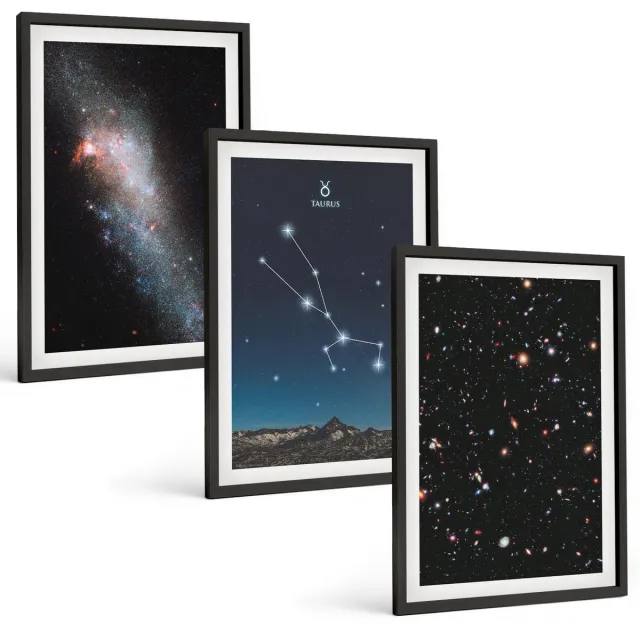 Coloray 3-Delige Schilderij Set - Ruimtelandschappen Met Sterren En Het Sterrenbeeld Stier - 40 x 60 cm - Moderne Wanddecoratie - Slaapkamer - Stijlvolle Muurdecoratie Zwarte lijst
