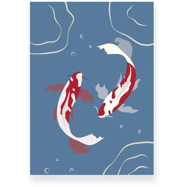 Yisual Poster 20x30 cm - Koi Vissen - Water - Blauw - Rood - Minimalistisch - Botanisch - Muurdecoratie - Wanddecoratie