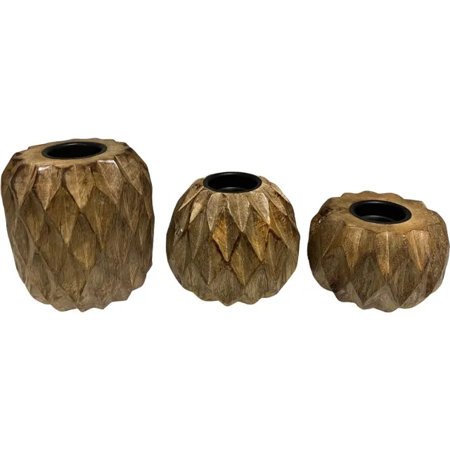 Home Society Kandelaar - homesociety - waxinelichthouder - hout - per set van 3 stuks - decoratieve accessoires bruin