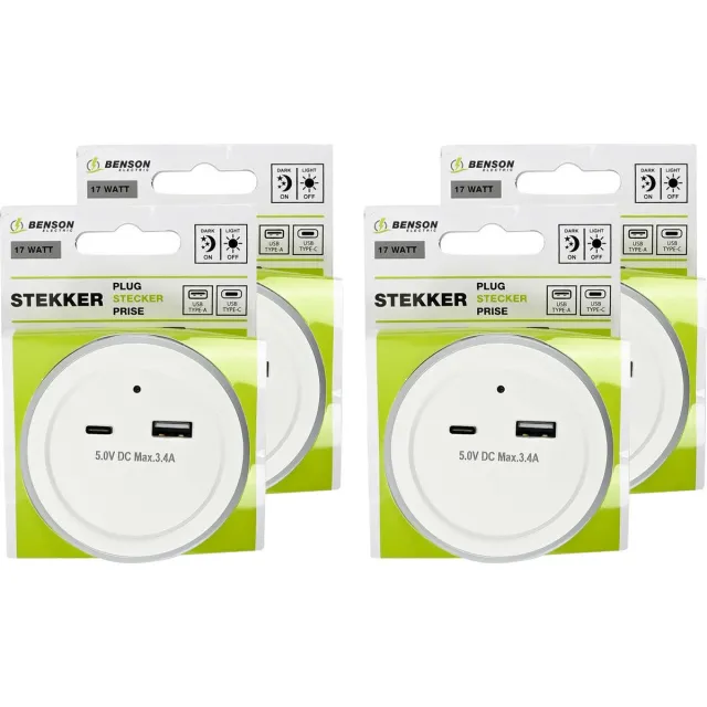 Benson LED nachtlampje - 4x - draadloos - met USB A en C - warm wit