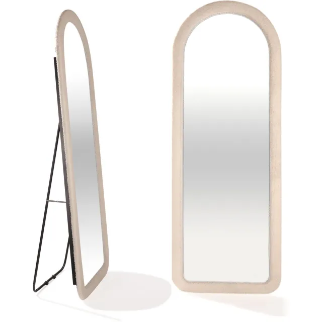 SensaHome Gestoffeerde Staande Spiegel Oval - Passpiegel Suede Velvet - 60x160 - Teddy White Teddy Wit