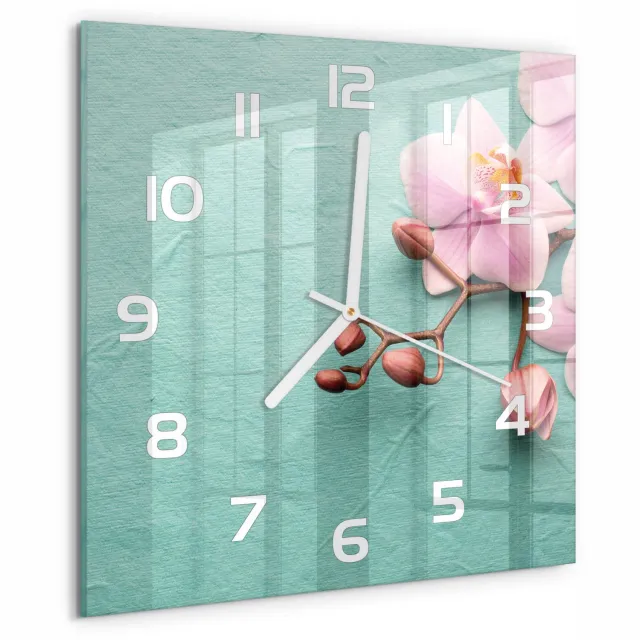 TULUP Wandklok - Orchidee Moderne Wandklok Glas - 30x30 cm - Roze Wandklok Glas Decoratie - Witte handen - Vierkante Klok - Glazen Wandklok Design - Klok Glas Met Opdruk