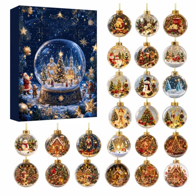 SWGOTA Adventskalender met 24 ronde kersthangers - Diverse kerstmotieven en goudkleurige ophangkoordjes - Met genummerde kalenderdoos Blauw