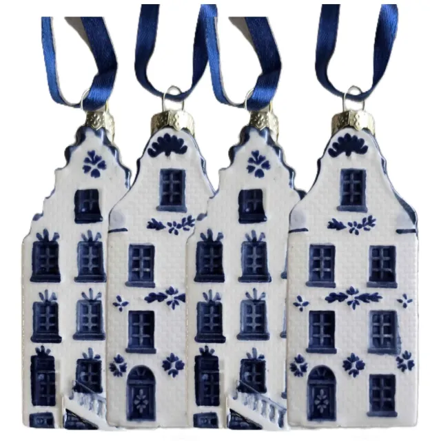 TTD Gifts Kerstornament -set van 4 stuks - keramieken - gevelhuisjes - trapgevel en tuitgevel- Delfts-blauw - Typisch Hollands - Holland gifts Delfts blauw