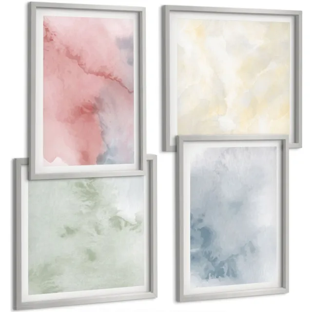 TULUP 4-Delige Schilderij Set - Pastelkleurige structuren, kleurrijke aquarelverf op canvas - 40 x 40 cm en 40 x 60 cm - Wanddecoratie - Woonkamer Decoratie - Decoratieve Schilderijen Zilveren lijst