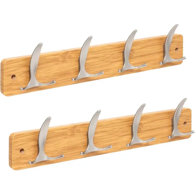 5Five Kapstok - 2x - 4 ophang haken - RVS - naturel/zilver - 45 x 10 cm - wandkapstok - voor hal of badkamer