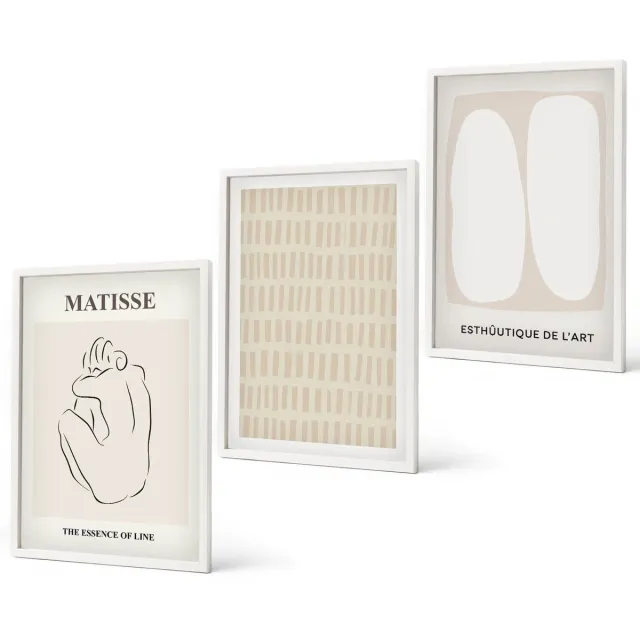 Coloray 3-Delige Schilderij Set - Lijnen En Vormen In Beige En Witte Tinten. - 40 x 60 - Wanddecoratie - Muurdecoratie - Moderne Interieurdecoratie Witte lijst