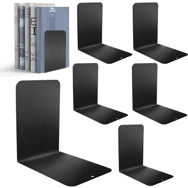 Famanu 6 stuks boekensteunen van metaal, 15 x 15 x 10 cm, met antislipmat, boekensteun en leesstandaard, zwart